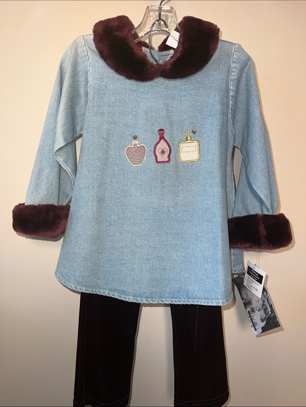 Vintage Girls Denim Tunic Burgundy Faux Fur Trim and perfume bottle appliqué.